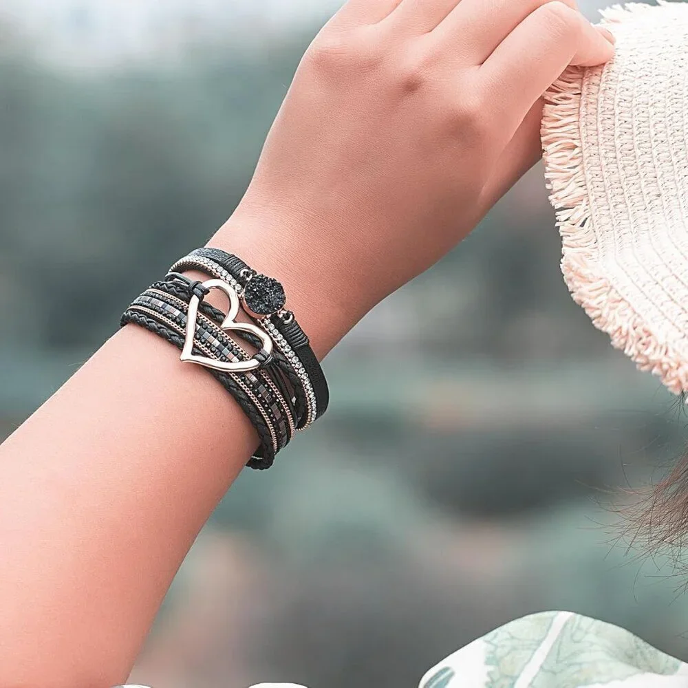 Leather Wrap Bracelet Faux Leather Boho Cuff Bangles Trendy Rhinestone